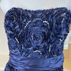 Badgley Mischka 100% Silk Ruffled Beaded‎ Strapless Corset Dress, Blue NWT 4